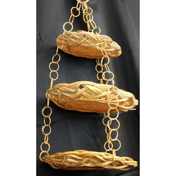 Vtg Boho Tan Beige Woven Bamboo 3 Tiered 19" Hanging Fruit Kitchen Plate Basket - Picture 2 of 11